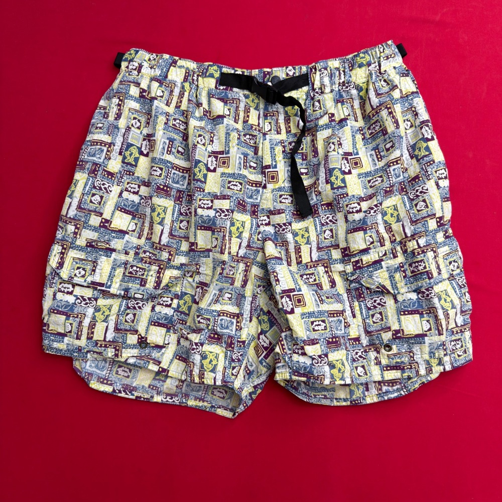 VTG REI Mens Cargo Shorts Geometric Tribal Print Integrated Belt Purple Yellow